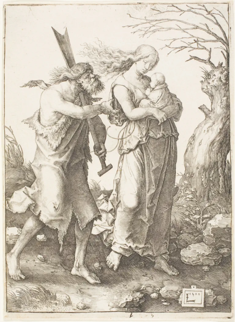 Gravura de Lucas van Leyden: Adão, com uma enxada ao ombro, e Eva, com o filho no colo, caminham juntos para fora do jardim.
