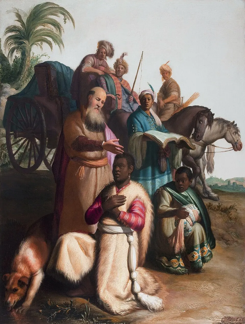 Pintura de Rembrandt: o eunuco etíope, ajoelhado e com as mãos no peito, diante de Filipe, que estende a mão. Atrás, um servo segura o livro aberto; ao fundo estão a carruagem, os cavalos e a comitiva.
