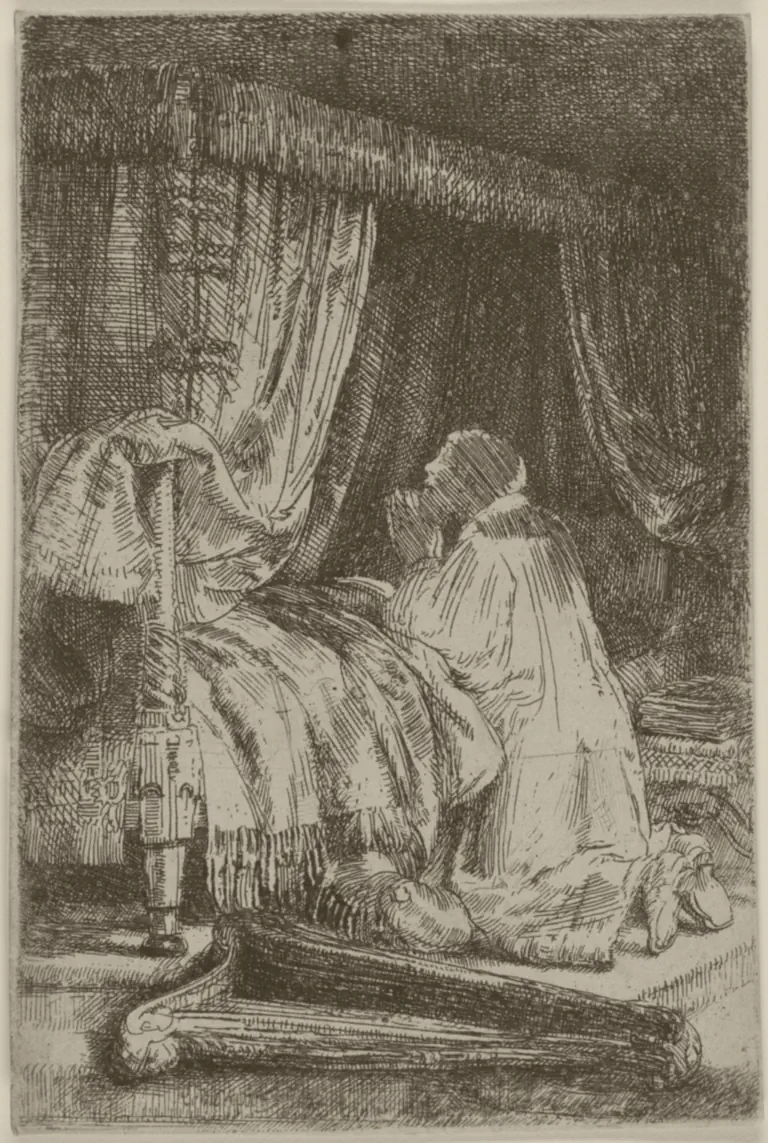 Gravura de Rembrandt: o rei Davi, de costas, ajoelhado junto a uma cama com dossel, reza com as mãos postas; a harpa está no chão, à frente.