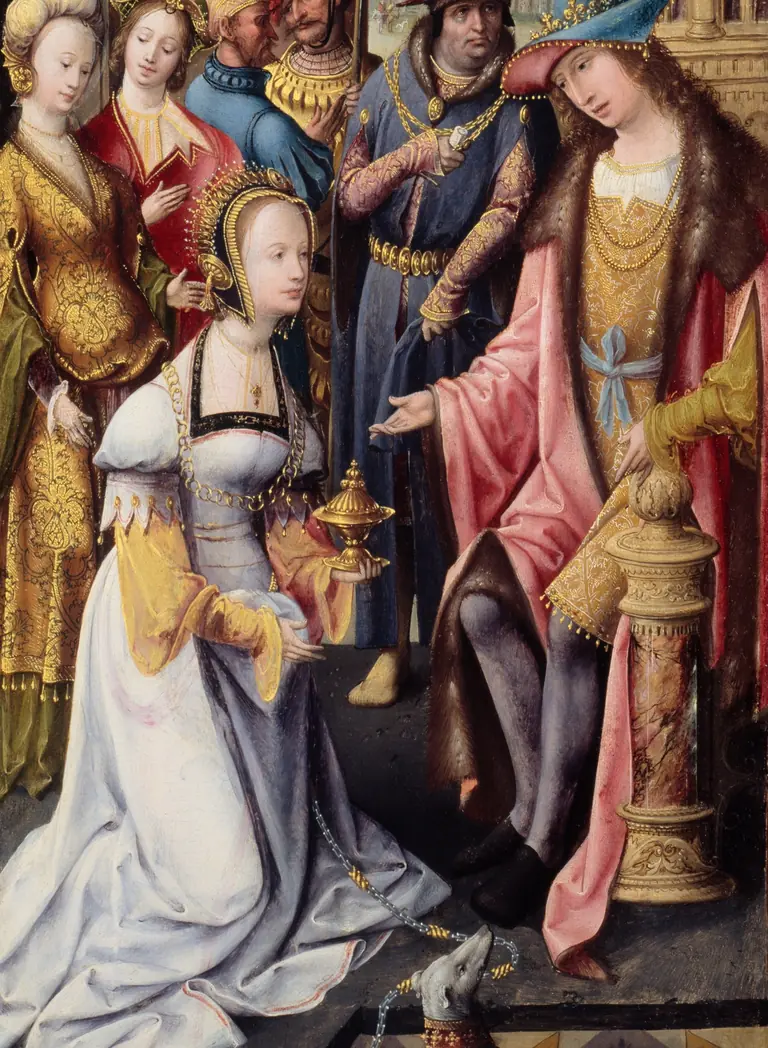 Pintura: a rainha de Sabá, ajoelhada e de vestido claro, oferece um vaso de ouro ao rei Salomão, sentado num palácio de colunas; atrás, damas e cortesãos.